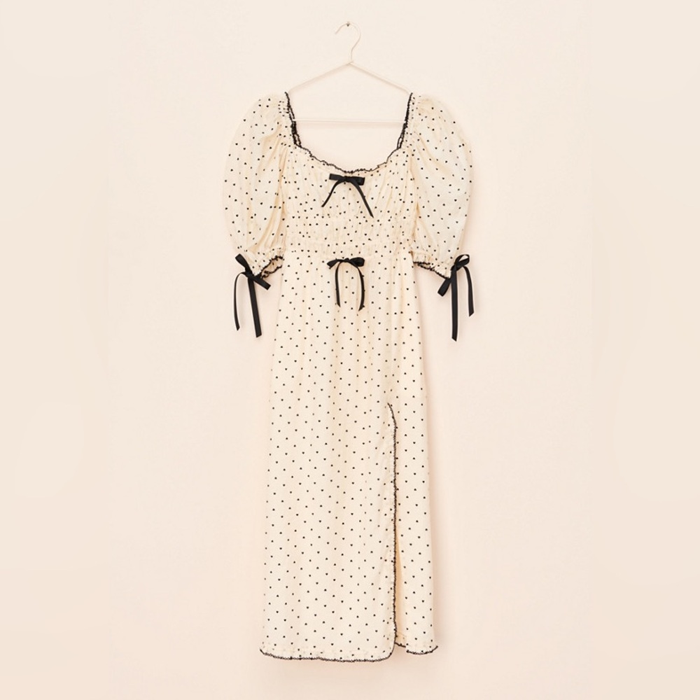 For Love And Lemons Cream Polka Dot Midi Dress with Black Trim